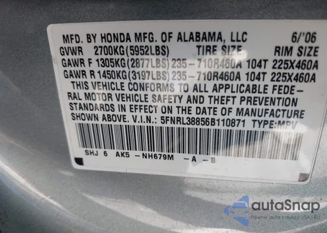 2006 Honda Odyssey Touring из США, поврежденный, VIN 5FNRL38856B110871